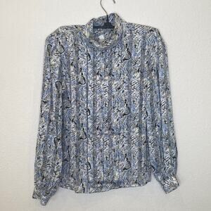 NICOLA Women’s Abstract Vintage Long Sleeve Mock Neck Pleated Blouse EUC Sz 8